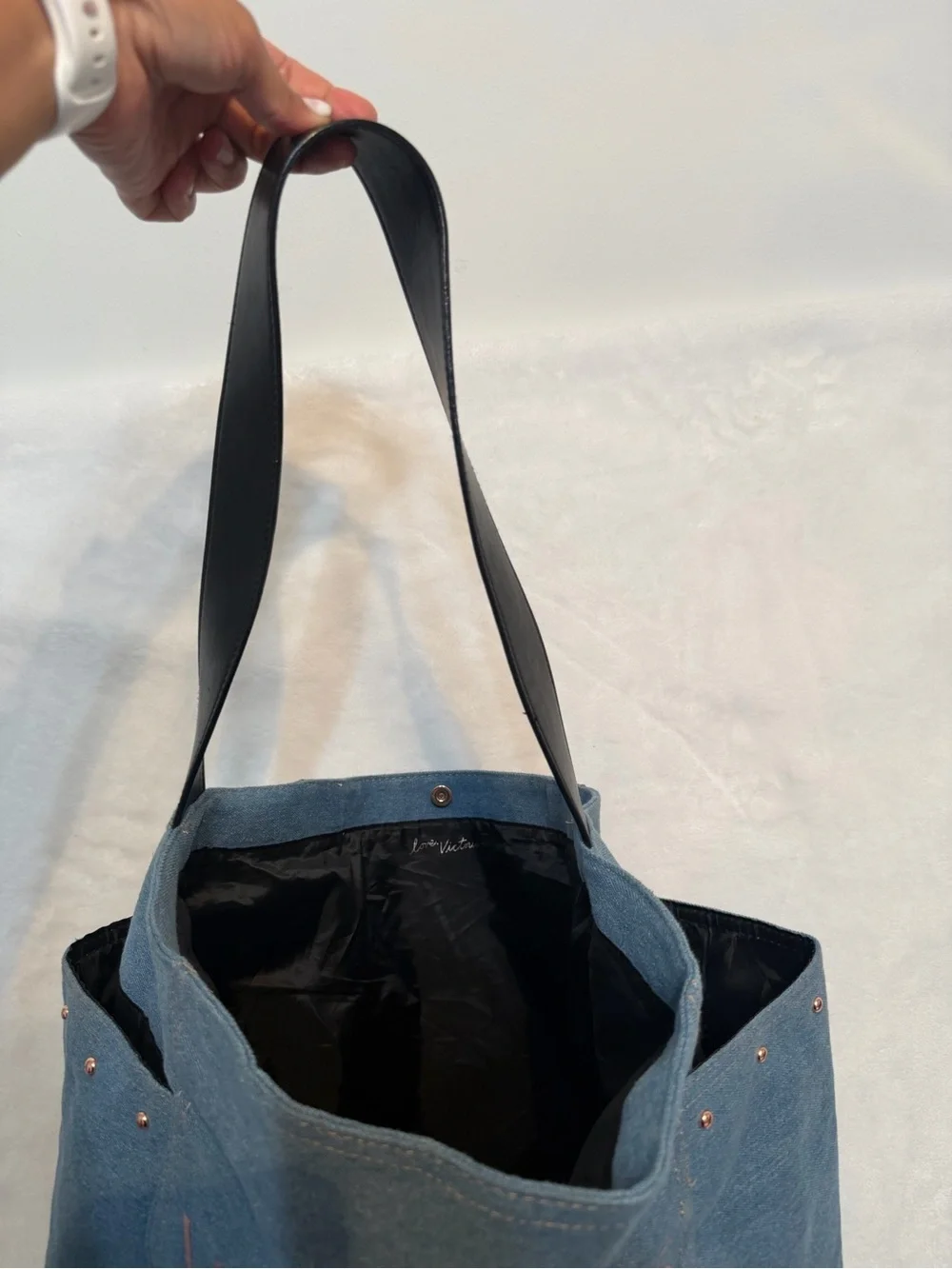 Victoria's Secret Denim Blue Canvas Tote with Black Straps